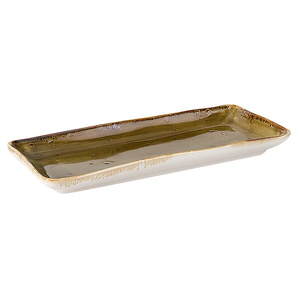 A rectangular China tray with a brown and white speckled surface.