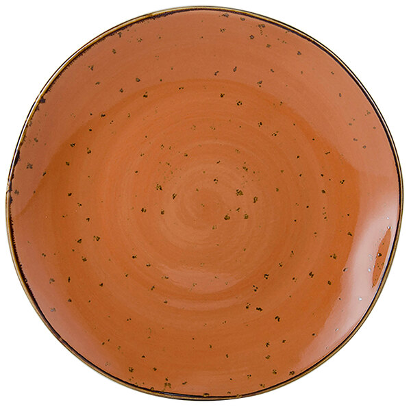 A close-up of a brown Tuxton china plate with speckles.