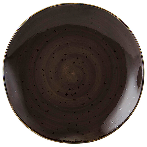 A brown Tuxton china plate with a black geode design.