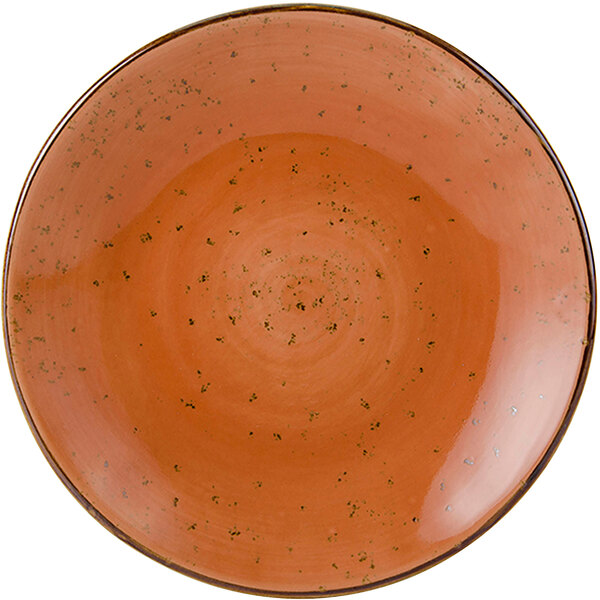 A Tuxton TuxTrendz china plate with an orange geode design.