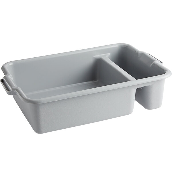 A gray high density polyethylene bus tub with two compartments.