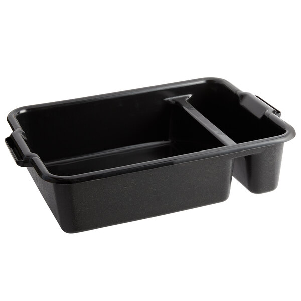 A black rectangular Vollrath high density polyethylene bus tub with two compartments and a handle.