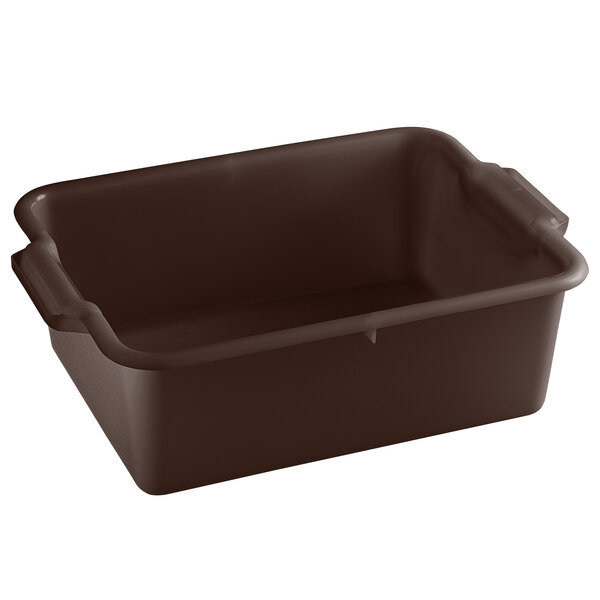 A brown rectangular plastic Vollrath bus tub with handles.