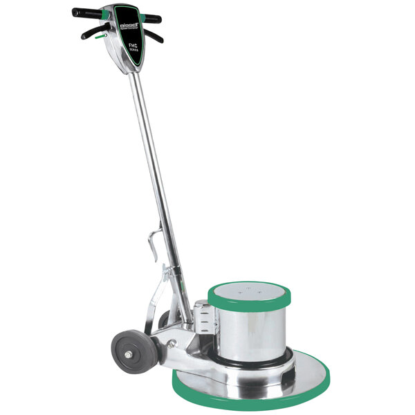 A Bissell Commercial floor machine with a green and silver interchangeable apron on the bottom, wheels, and a handle.