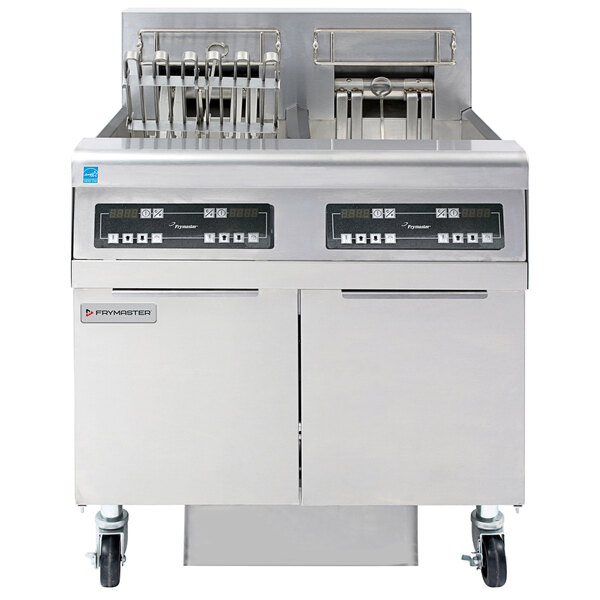 A large commercial Frymaster electric floor fryer with two frypots.