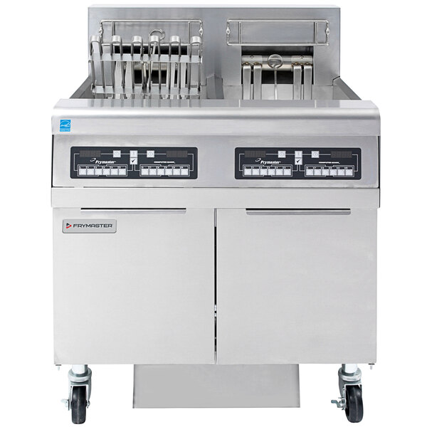 A Frymaster electric floor fryer with two frypots on wheels.
