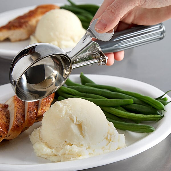 A person using a Hamilton Beach gray thumb press scoop to dish food onto a plate.