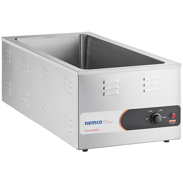 A Nemco stainless steel countertop food warmer with a lid.