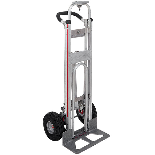 A Magliner hand truck with black and red wheels.