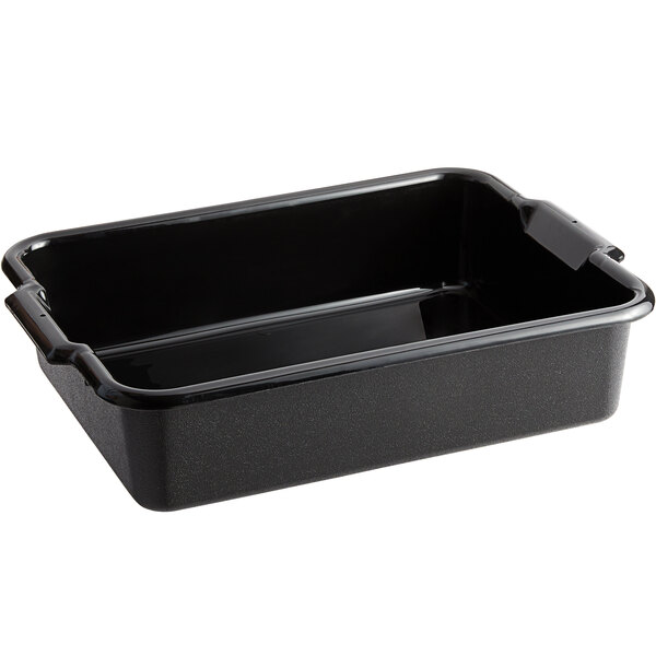 A black rectangular Vollrath high density polyethylene container with handles.