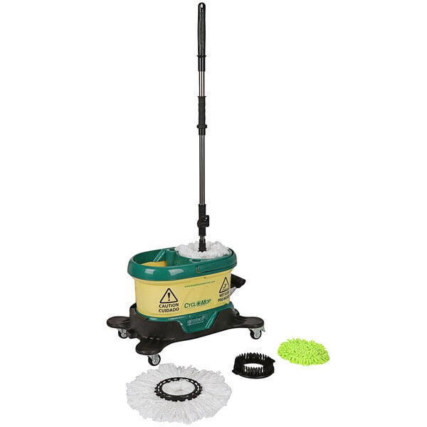A Bissell green and yellow mop and bucket on wheels with a handle and scrub brush.