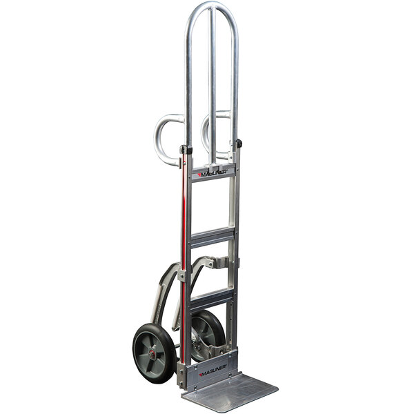 A silver Magliner narrow aisle hand truck with double loop handles and wheels.