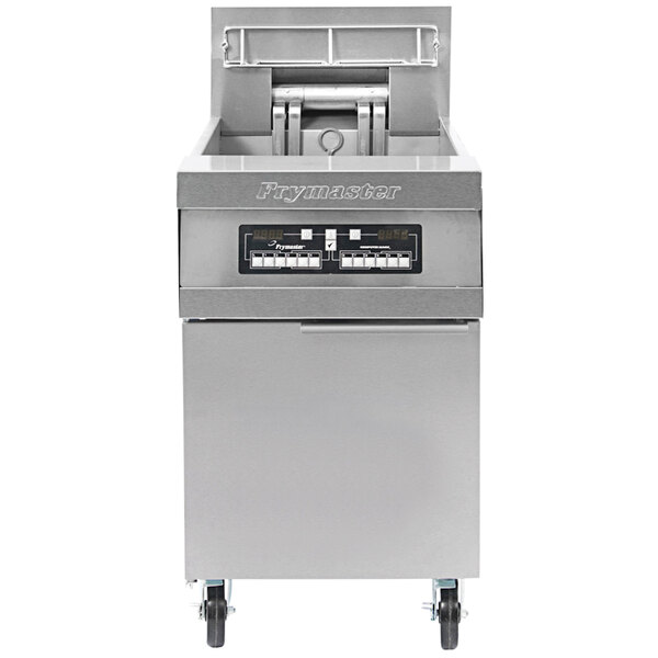 A Frymaster electric floor fryer with a stainless steel panel.