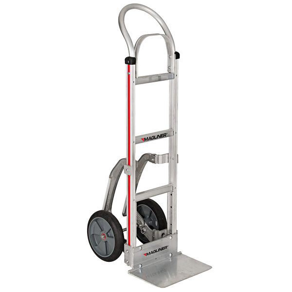 A close-up of a silver Magliner hand truck with a U-loop handle.