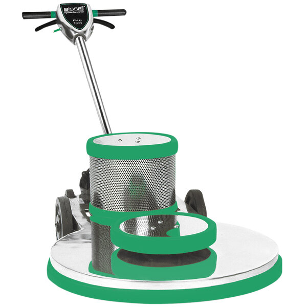 A white floor burnishing machine with green trim and wheels.