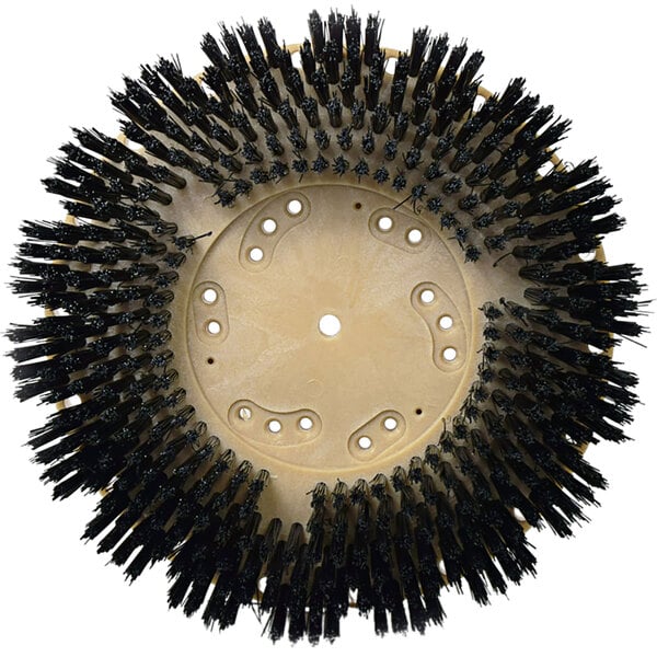 A circular black polypropylene floor scrubbing brush with many holes in it.