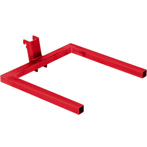 A red metal frame with a square shape and two holes in it.