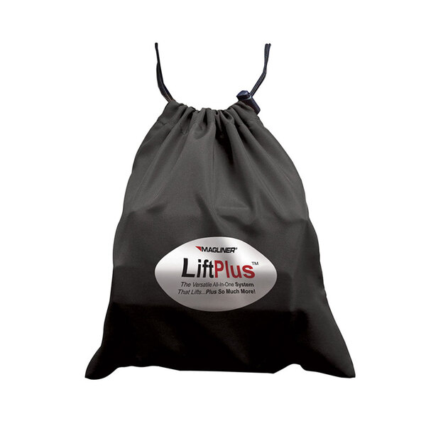 A black drawstring tote bag with a white label that says "LiftPlus" on it.