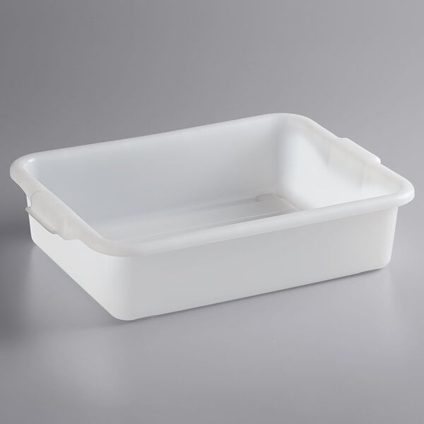 A white rectangular high density polyethylene bus tub with handles.