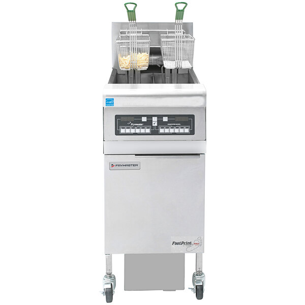 A white Frymaster electric floor fryer with two baskets and a control panel.
