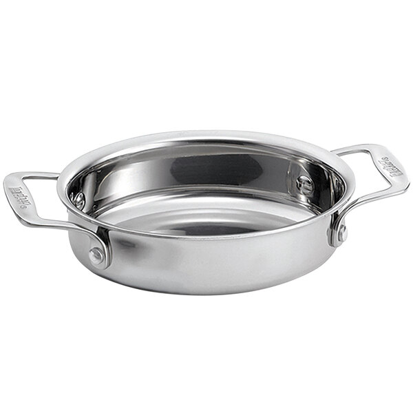 A Tablecraft stainless steel oval casserole dish with handles.