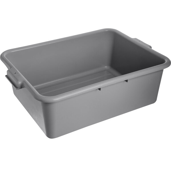 A grey high density polyethylene bus tub with handles.