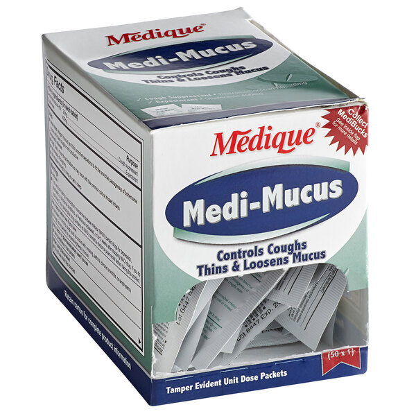 A white and blue box of Medique Medi-Mucus Tablets.