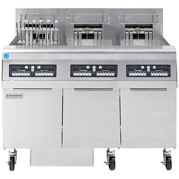 A large commercial Frymaster electric floor fryer with three open frypots and wheels.