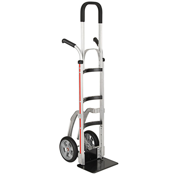 A silver and black Magliner narrow aisle hand truck with double grip handles.