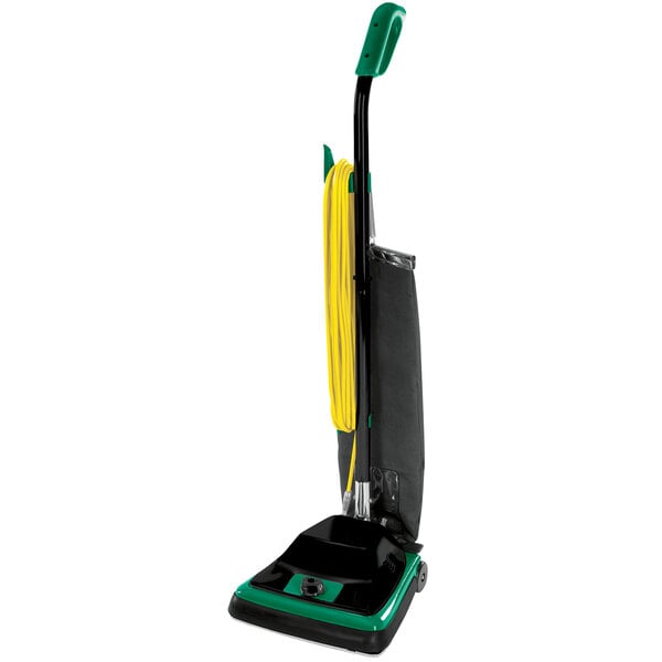 A black and green Bissell Commercial ProTough upright vacuum cleaner.
