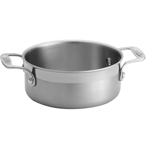 A Tablecraft stainless steel sauce pan with handles.
