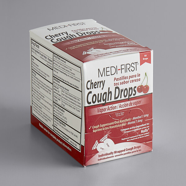 A white box of Medique Medi-First cherry cough drops.