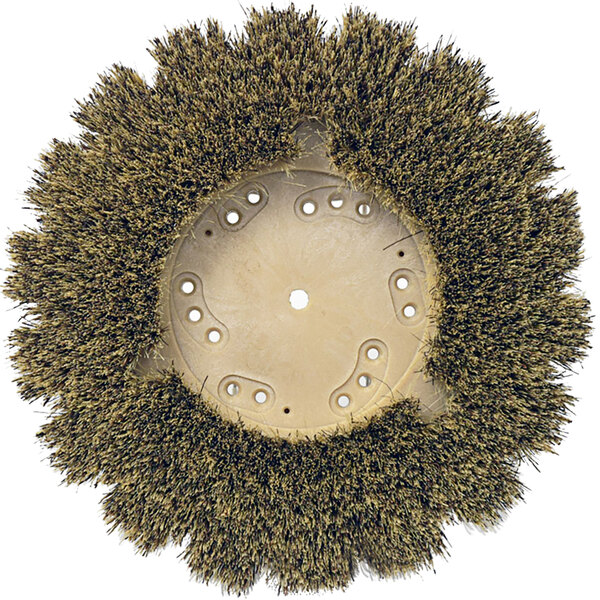 A white circular floor scrubbing brush with a circular union mix in the center and holes in it.