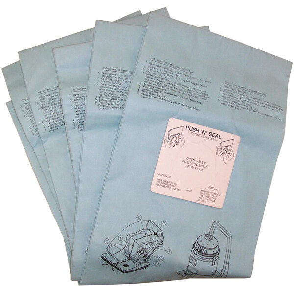 A close-up of a blue envelope with five Bissell Commercial Wide Area Vacuum bags inside.