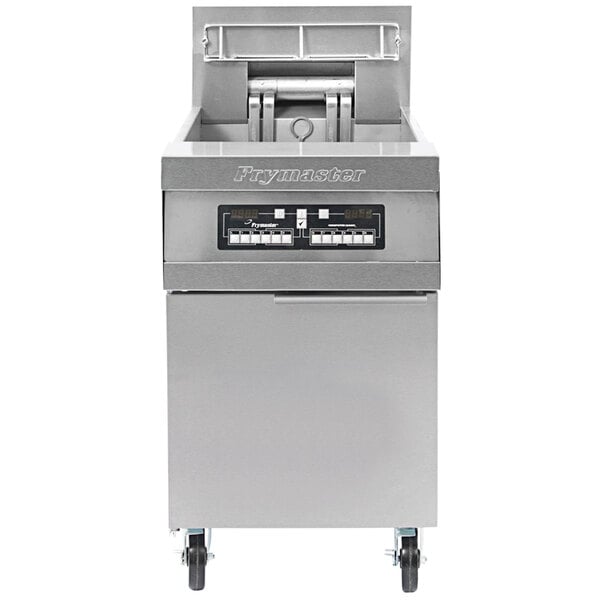 A Frymaster electric floor fryer with stainless steel cabinets and CM 3.5 controls.