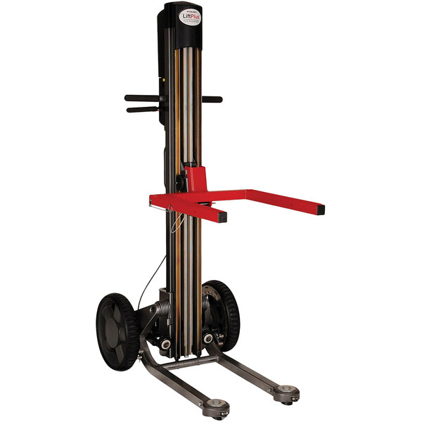 A red and black Magliner LiftPlus industrial-use folding lift with black wheels.