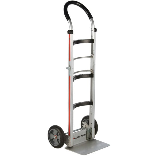 A Magliner hand truck with curved back and wheels, metal frame with a red stripe.