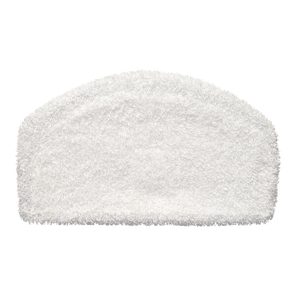 A white microfiber mop pad with a curved edge.
