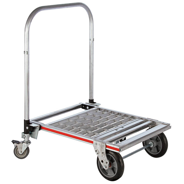 A silver Magliner six-wheel platform truck base with metal tray.