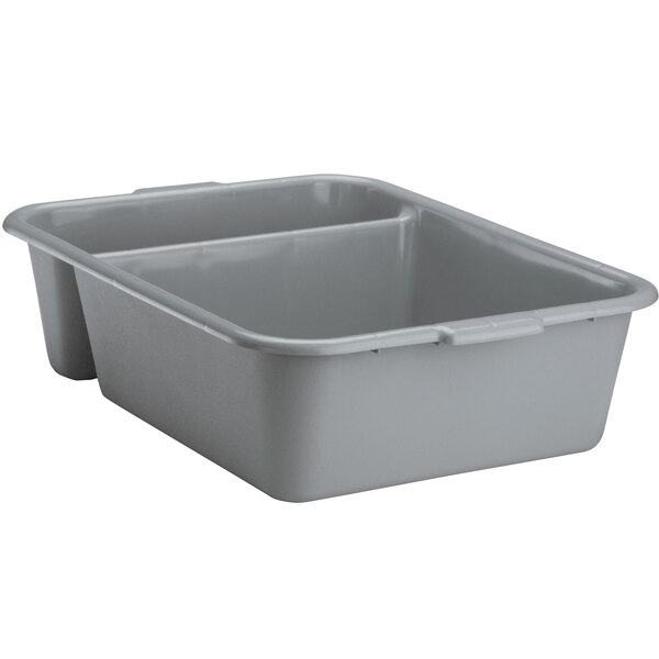 A gray plastic Vollrath bus tub with two compartments.