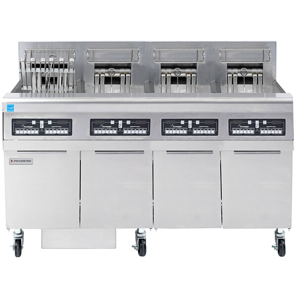A large commercial Frymaster electric floor fryer with four frypots.