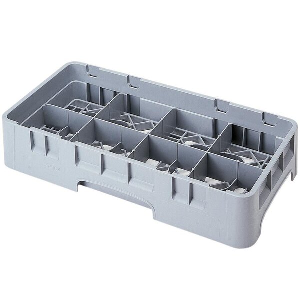 A soft gray plastic Cambro glass rack with eight compartments.