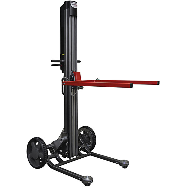 A Magliner LiftPlus warehouse stacker with a red and black handle.