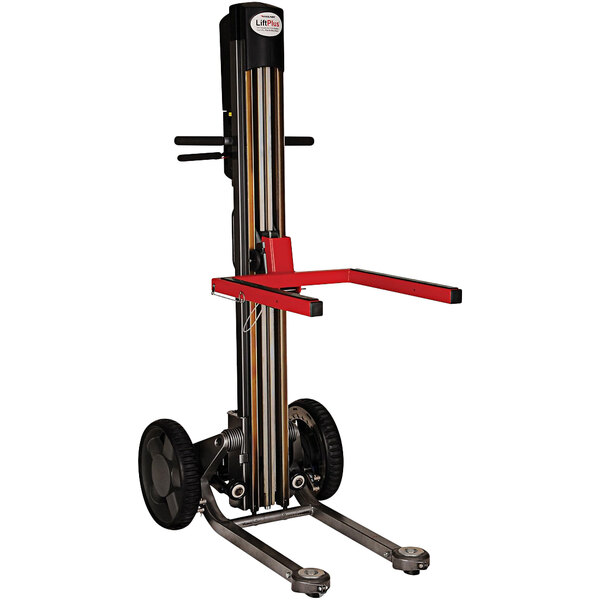 A large black and red Magliner LiftPlus industrial-use lift with wheels.