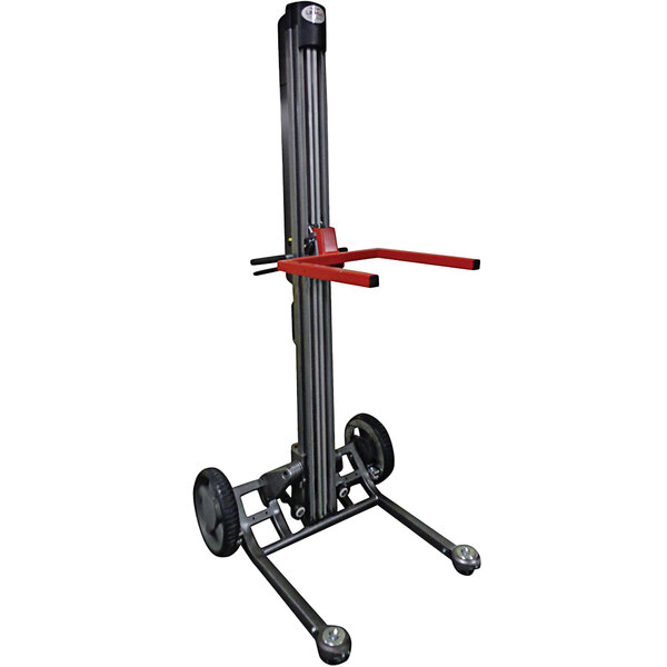 A black and red Magliner LiftPlus warehouse stacker with a red handle.