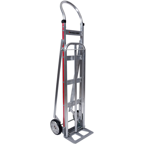A silver hand truck with wheels and red stripes.