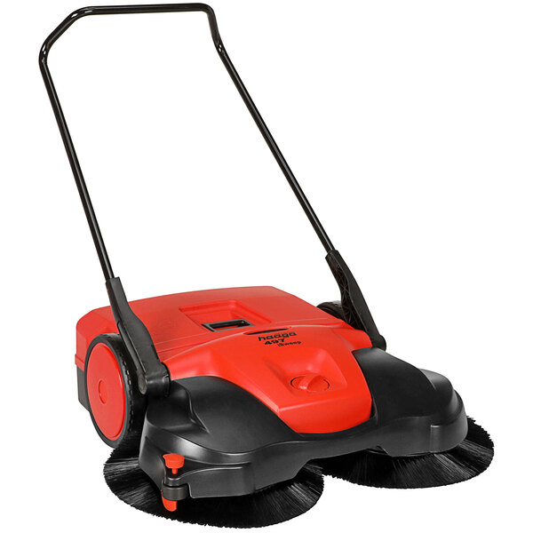 A red and black Bissell Commercial manual floor sweeper with two wheels.