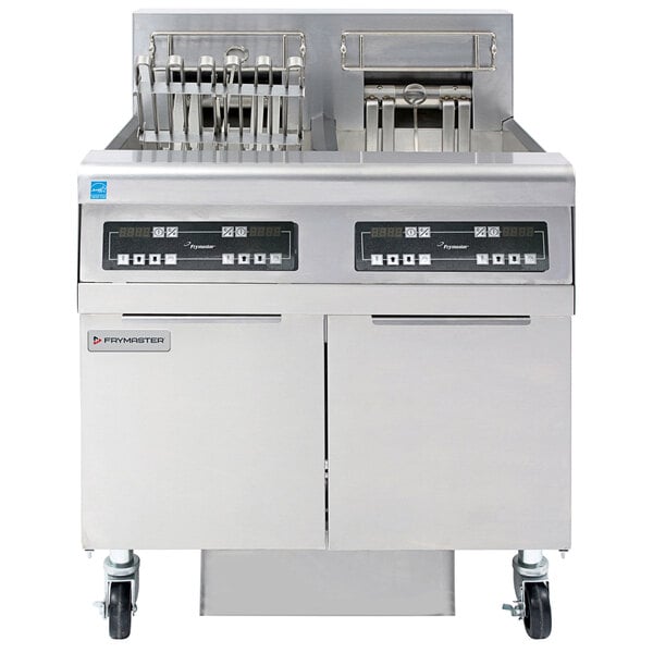 A large commercial electric Frymaster floor fryer with two frypots.