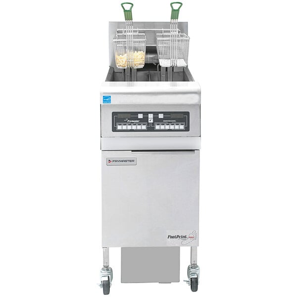 A white Frymaster electric floor fryer with baskets and a control panel.