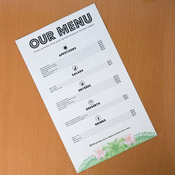 A menu with a tropical toucan design on a table.